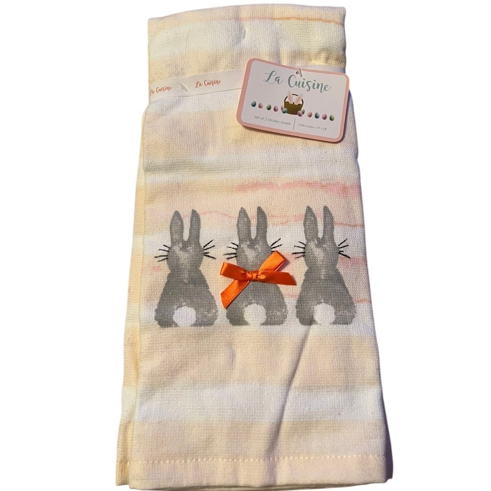 La Cuisine Kitchen Towels Unisex 18x28 Cream New Easter Bunny Set of 2 Cotton